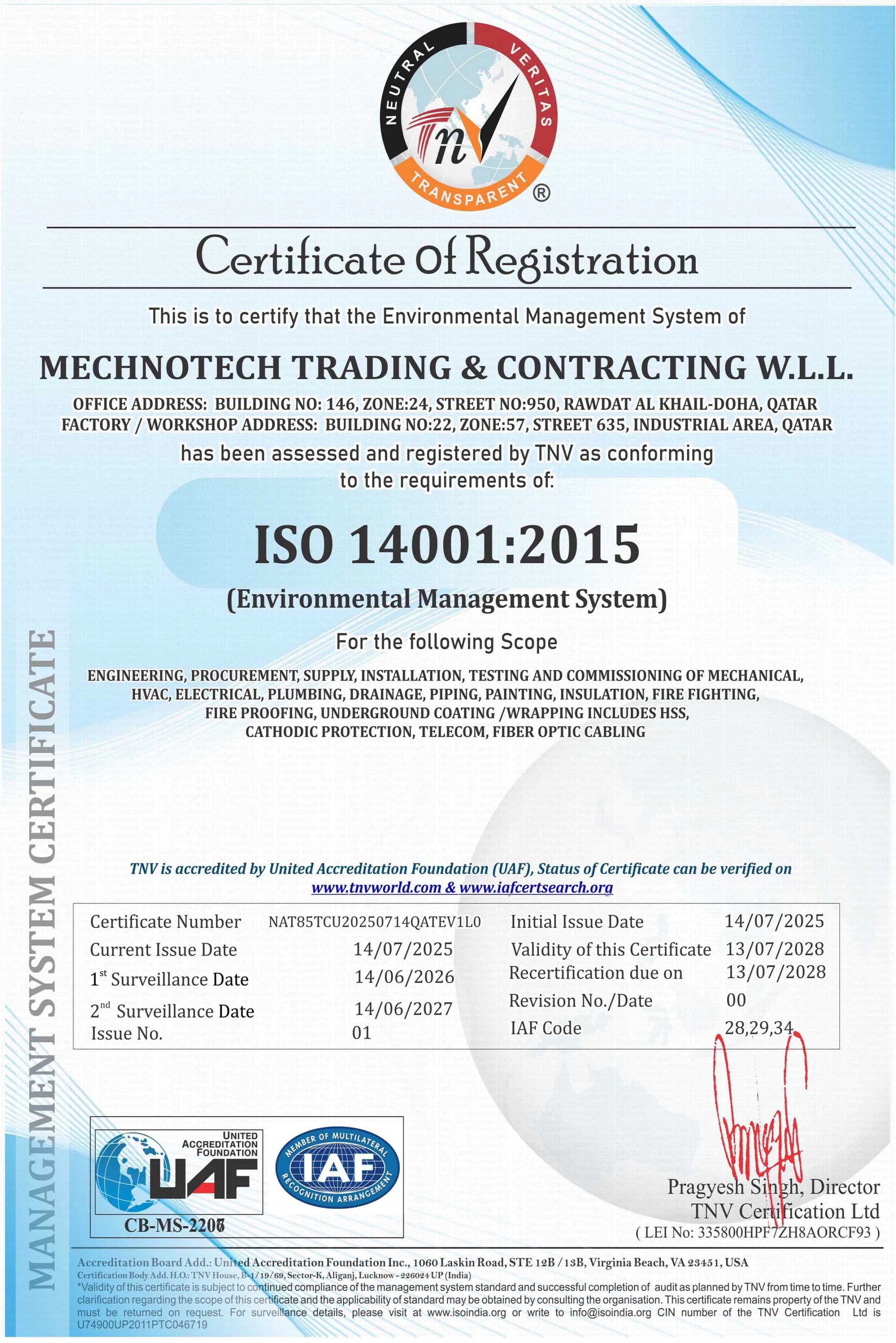 ISO 14001 Certificate